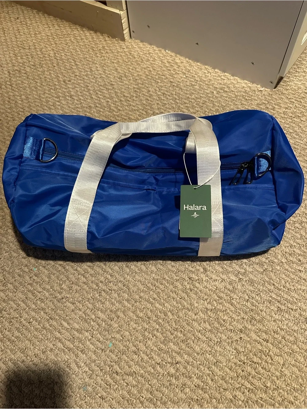 HALARA Blue Gym Duffel Bag with White Straps